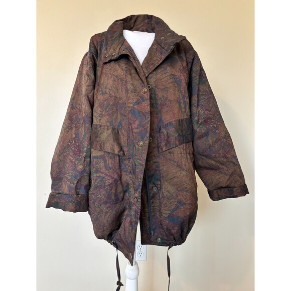 Vintage London Fog Womens Medium Parka Jacket Floral Leaves Brown Insulated 90s - Picture 1 of 16